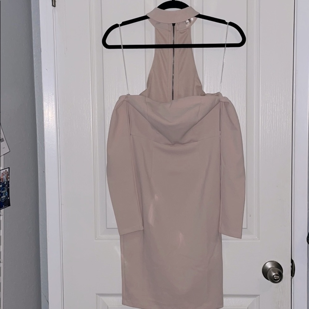 strapless choker nude mini dress